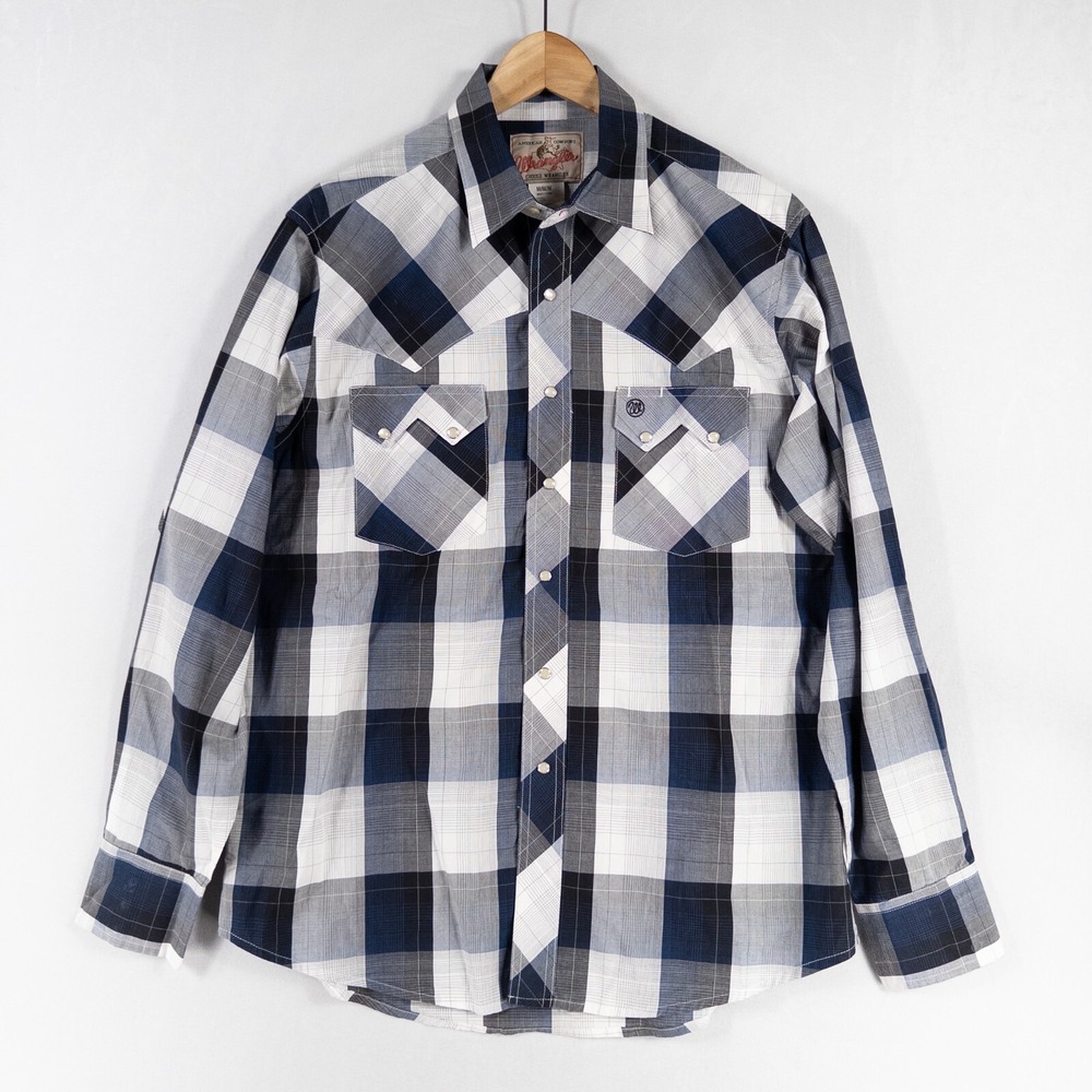 Wrangler Shirt Mens Sz Medium Blue Gray Plaid Pearl Snap Cotton Pockets Western